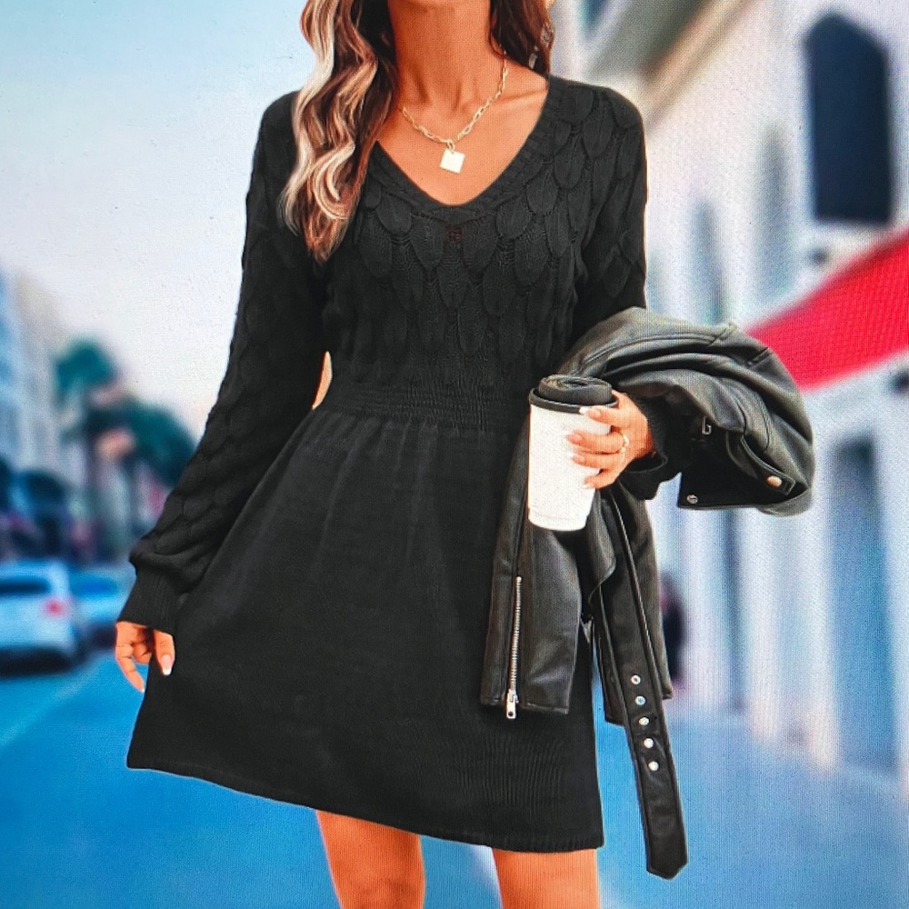 Black Knit V-Neck Long Sleeve Dress - Casual Sweater Dress